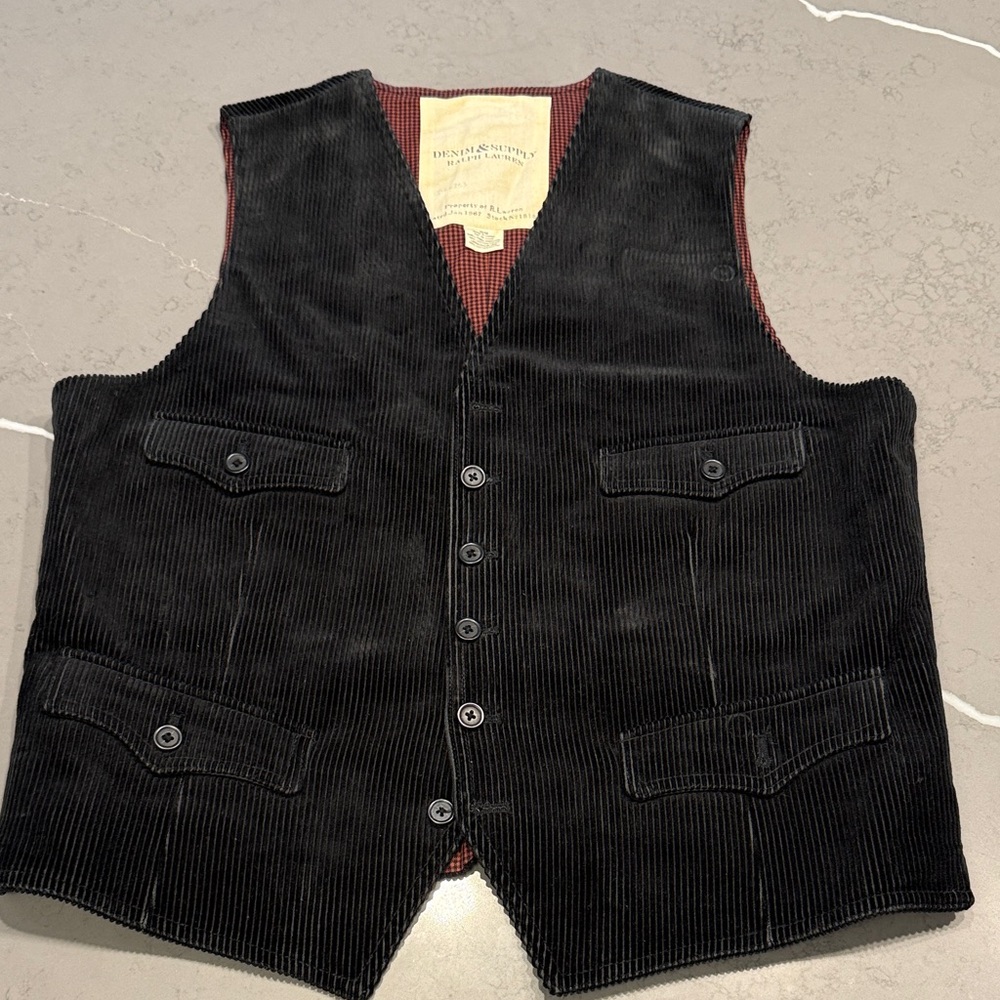 Ralph Lauren Denim & Supply Black Corduroy Vest with Red Gingham Lining